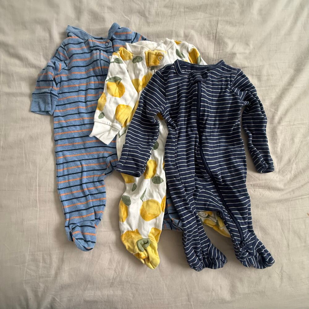 Lot of 3 Cotton Zip Up Baby Boy Sleepers Blue Yellow Stripe Carter's 3 Months